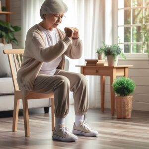 Seated balance exercise--senior sitting in chair