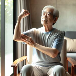 seated balance exercise--senior raising his arm