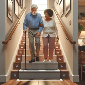 Stair Safety for Seniors --couple walking down stairs