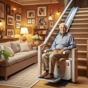 fall prevention device--senior sitting in stairlift